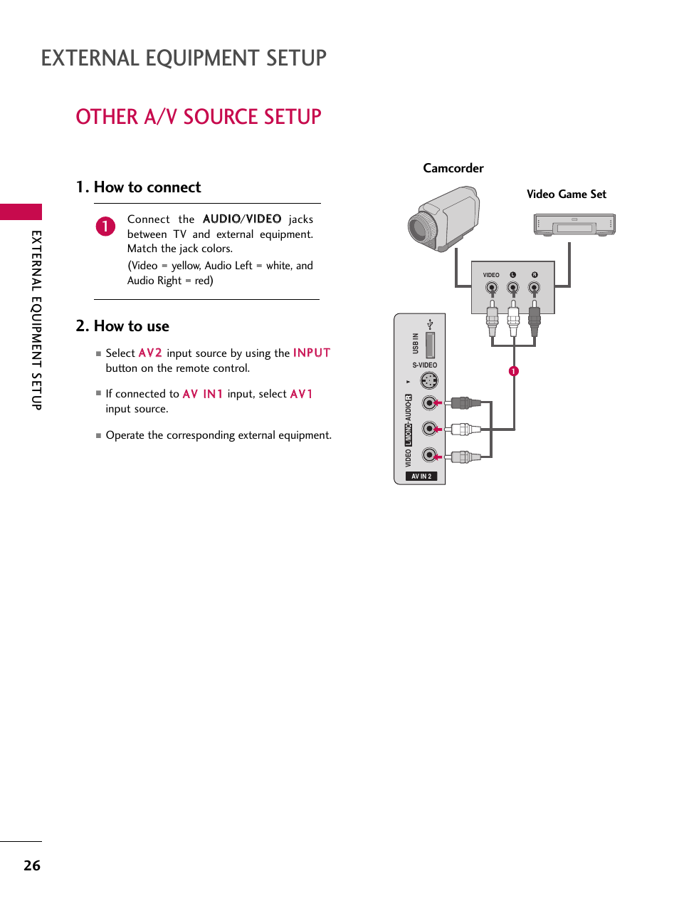 Other a/v source setup, External equipment setup, How to connect 2. how to use | External eq uipment setup, Camcorder | LG 60PY3DF-UJ User Manual | Page 28 / 122