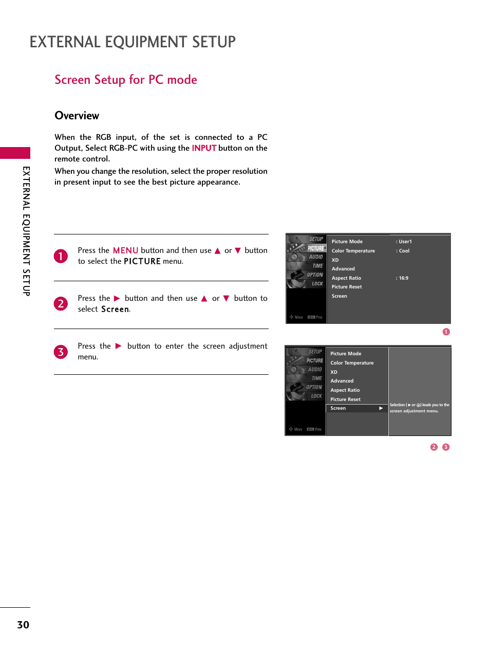 Screen setup for pc mode, External equipment setup, Overview | External eq uipment setup | LG 60PY3DF-UJ User Manual | Page 32 / 122