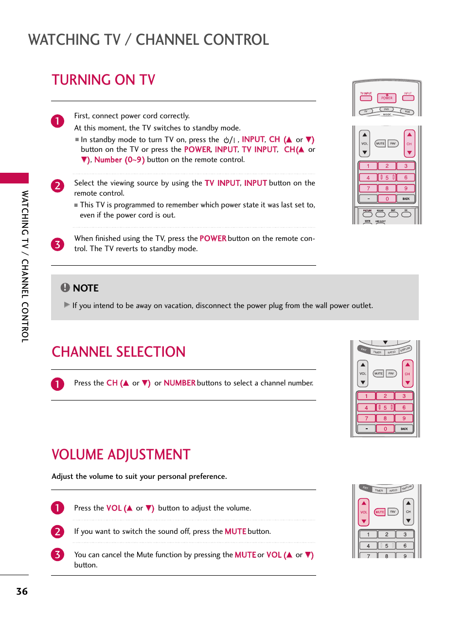 Turning on tv, Channel selection, Volume adjustment | Watching tv / channel control, Volume adjustment channel selection, Watching tv / channel contr ol, Press the c ch h, Press the v vo oll, Button, Adjust the volume to suit your personal preference | LG 60PY3DF-UJ User Manual | Page 38 / 122