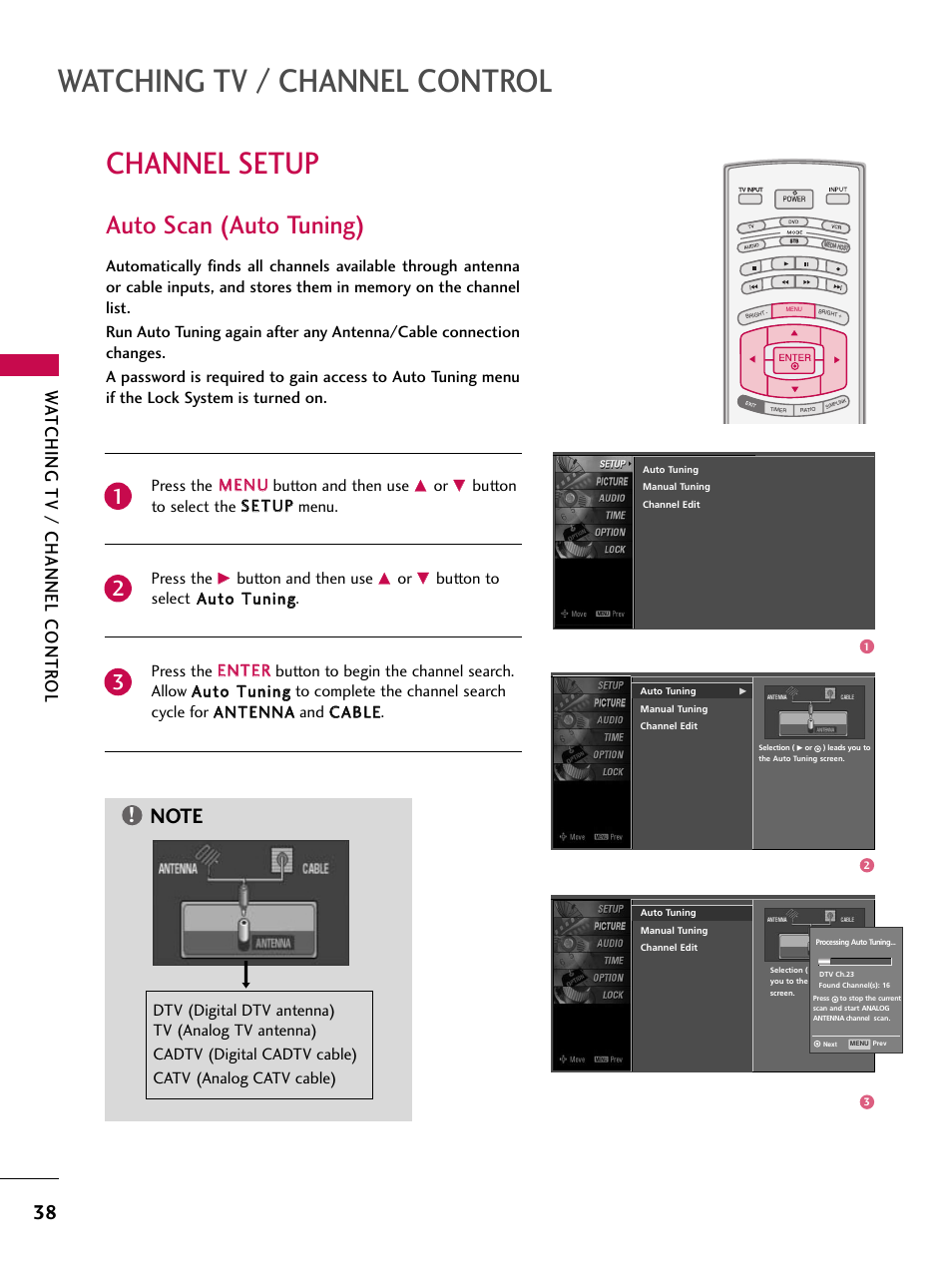 Channel setup, Auto scan (auto tuning), Watching tv / channel control | Watching tv / channel contr ol, Press the m meen nu u button and then use, Button to select the sseet tu upp menu. press the, Button and then use | LG 60PY3DF-UJ User Manual | Page 40 / 122
