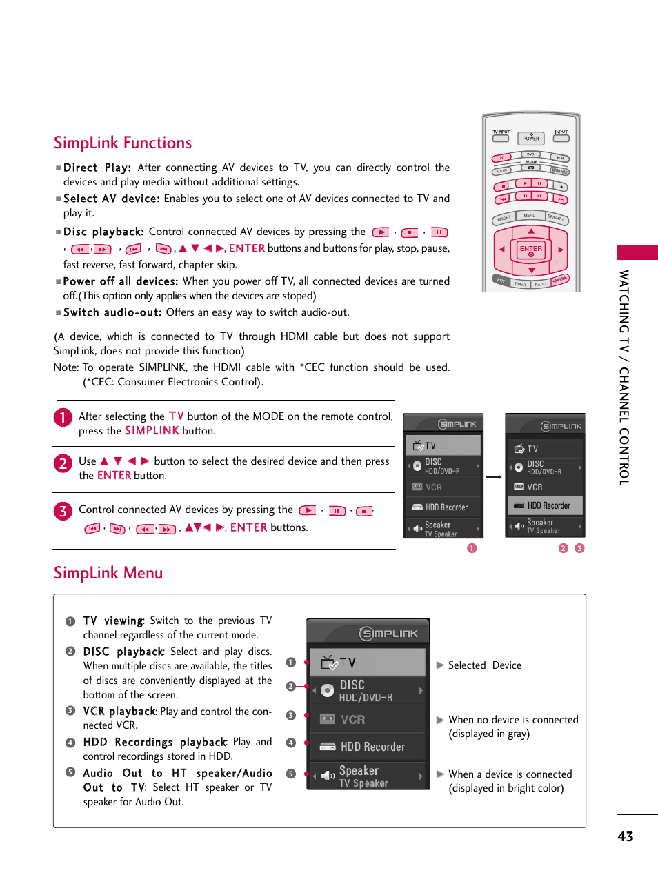 Simplink functions, Simplink menu, Watching tv / channel contr ol | LG 60PY3DF-UJ User Manual | Page 45 / 122