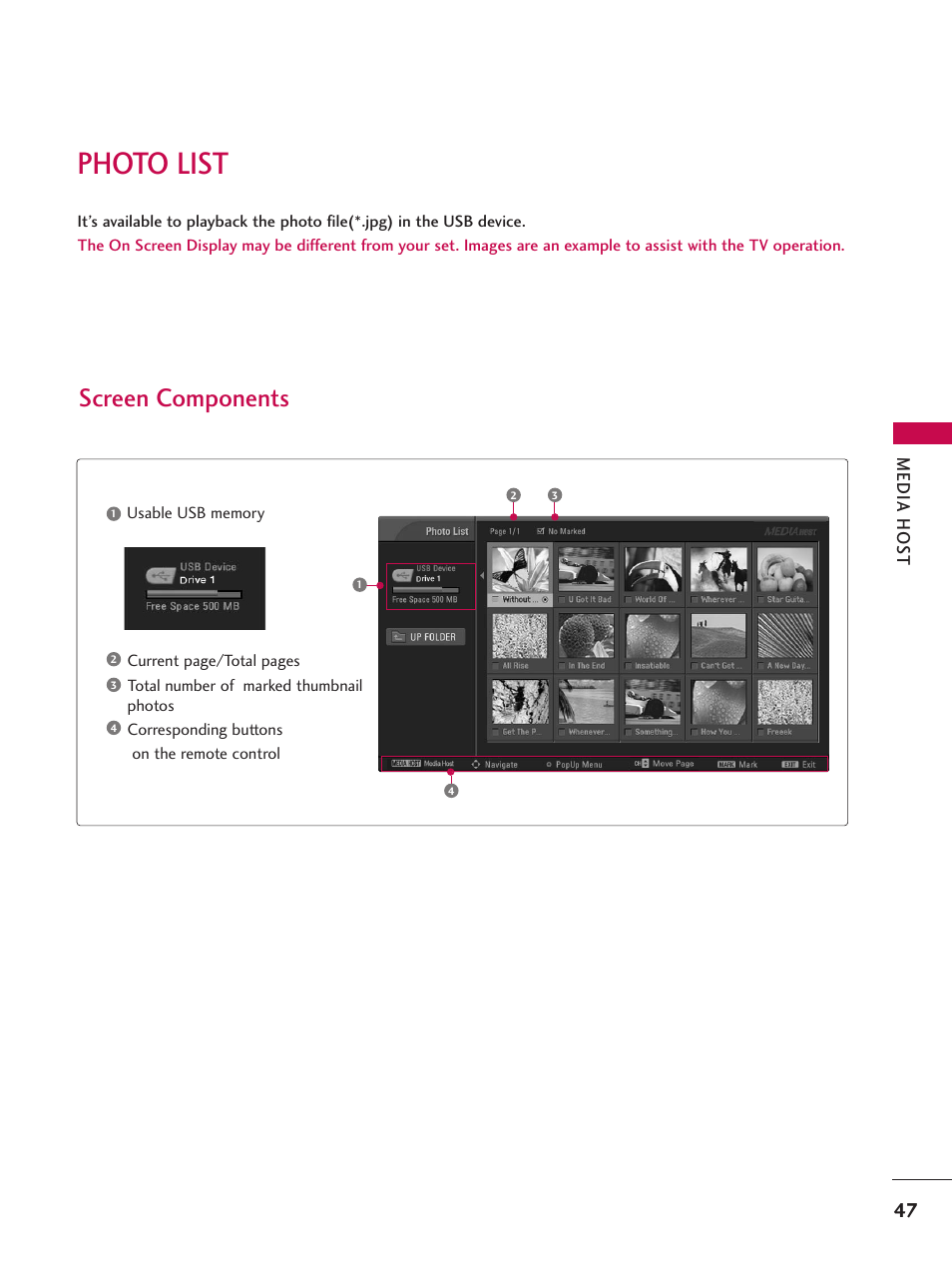 Photo list, Screen components | LG 60PY3DF-UJ User Manual | Page 49 / 122