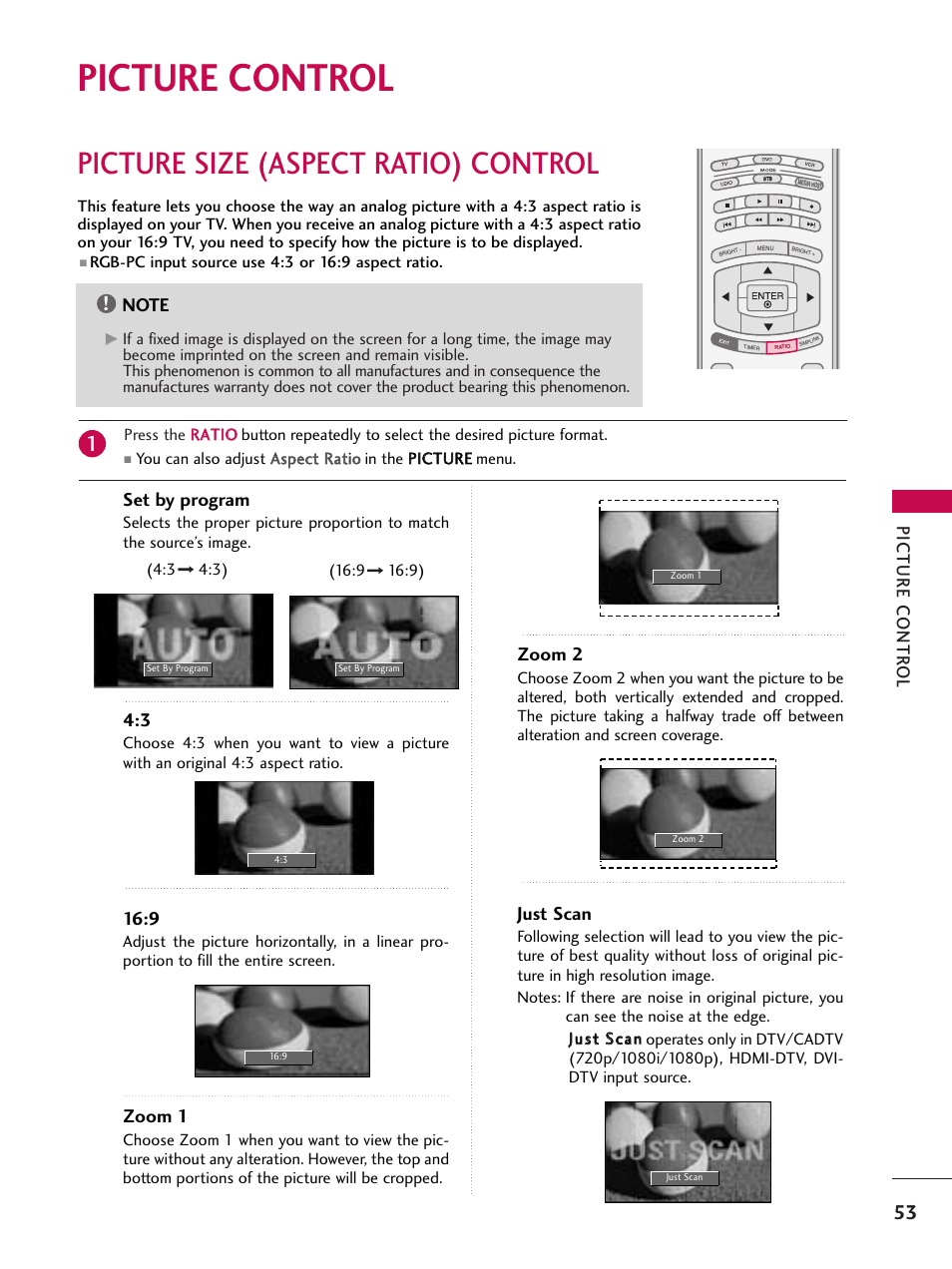 Picture control, Picture size (aspect ratio) control, Picture contr ol | Set by program, Zoom 1, Zoom 2, Just scan | LG 60PY3DF-UJ User Manual | Page 55 / 122