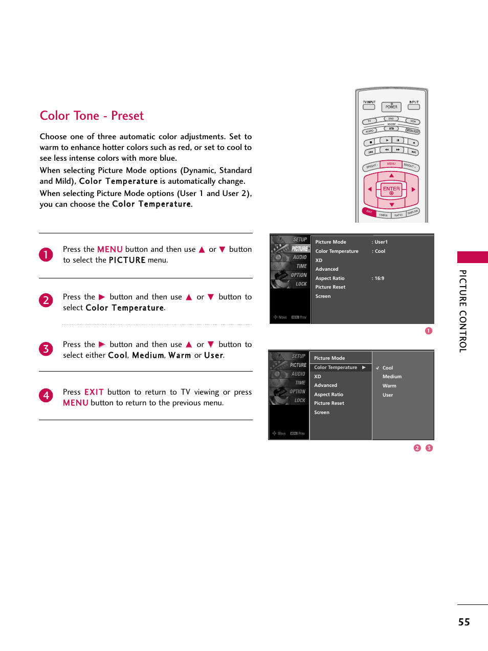 Color tone - preset, Picture contr ol, Button and then use | LG 60PY3DF-UJ User Manual | Page 57 / 122