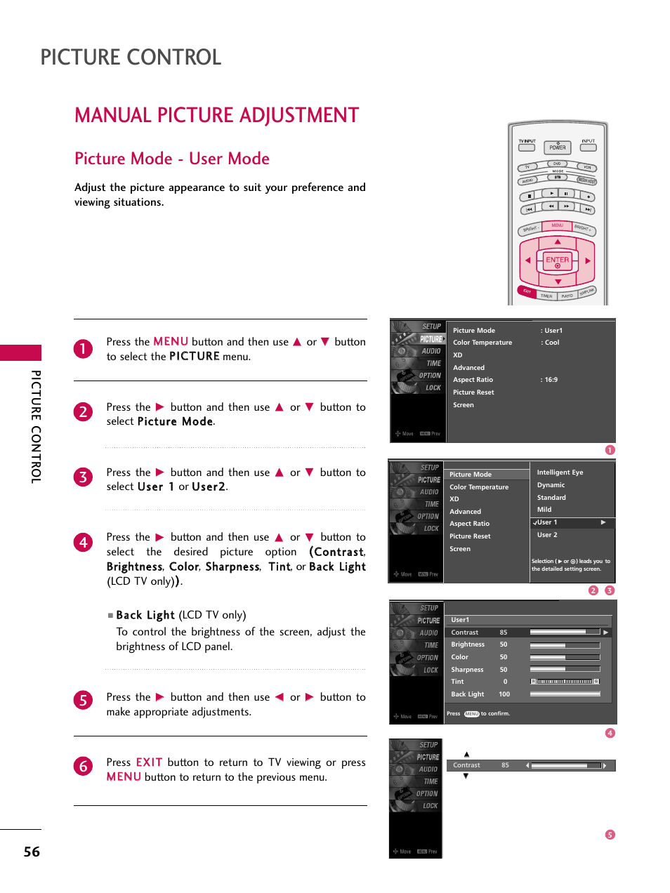 Manual picture adjustment, Picture mode - user mode, Picture control | Picture contr ol, Button and then use | LG 60PY3DF-UJ User Manual | Page 58 / 122
