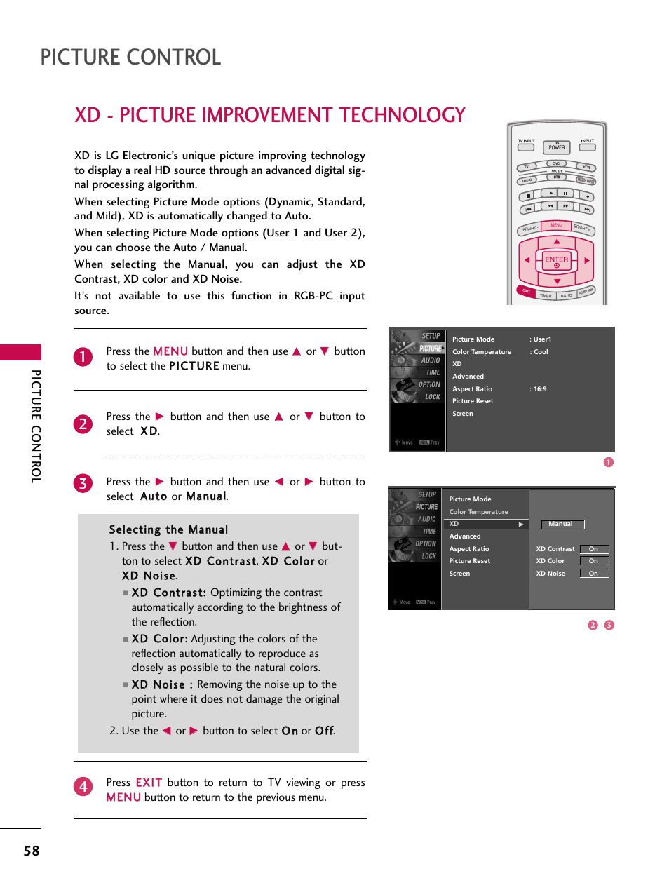 Xd - picture improvement technology, Picture control, Picture contr ol | Press the m meen nu u button and then use, Button and then use, Button to select o o nn or o o ff ff | LG 60PY3DF-UJ User Manual | Page 60 / 122
