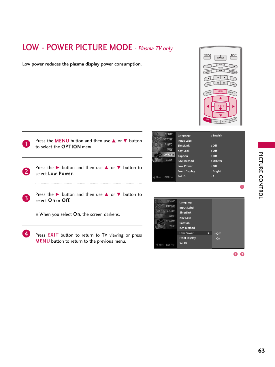 Low - power picture mode - plasma tv only, Low - power picture mode, Plasma tv only | Picture contr ol, Button and then use, Button to select llo ow w ppo ow weerr. press the, Button to select o o nn or o o ff ff | LG 60PY3DF-UJ User Manual | Page 65 / 122