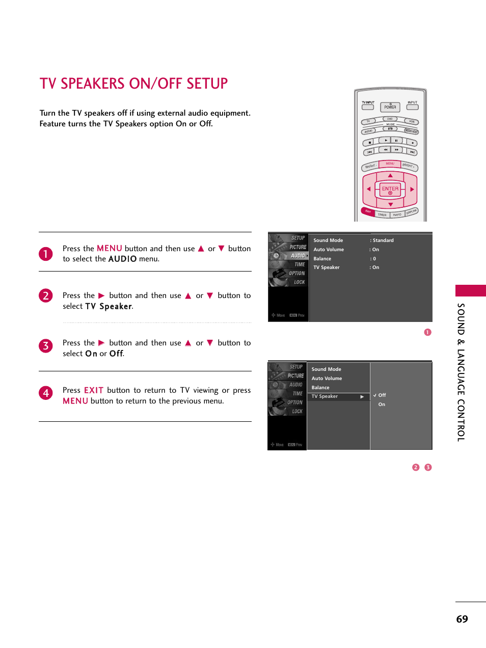 Tv speakers on/off setup, Sound & langu a ge contr ol, Press the m meen nu u button and then use | Button and then use, Button to select t tv v ssp peeaakkeerr. press the | LG 60PY3DF-UJ User Manual | Page 71 / 122
