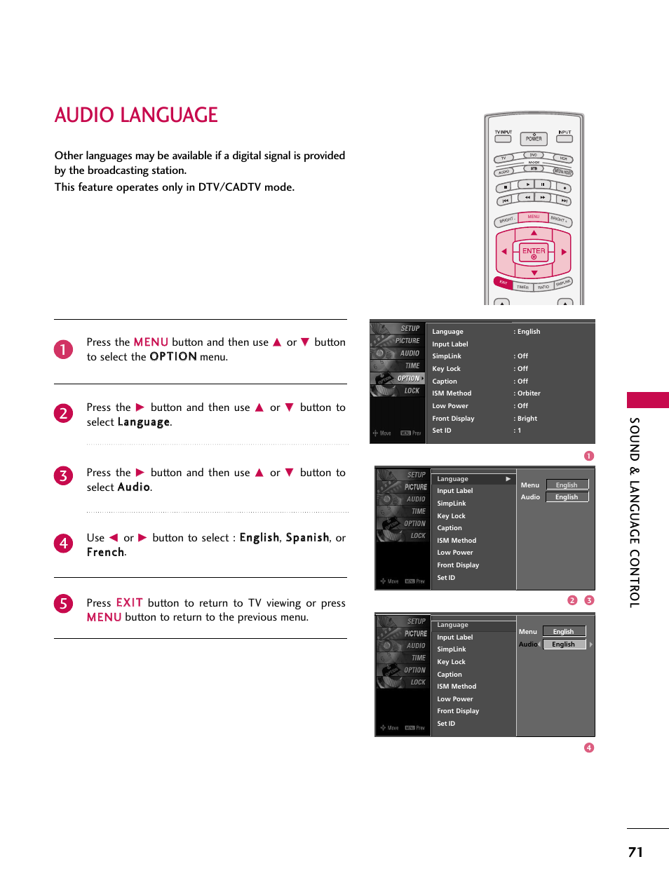 Audio language, Sound & langu a ge contr ol, Button and then use | Button to select llaanngguuaaggee. press the, Button to select a auud diio o. use | LG 60PY3DF-UJ User Manual | Page 73 / 122
