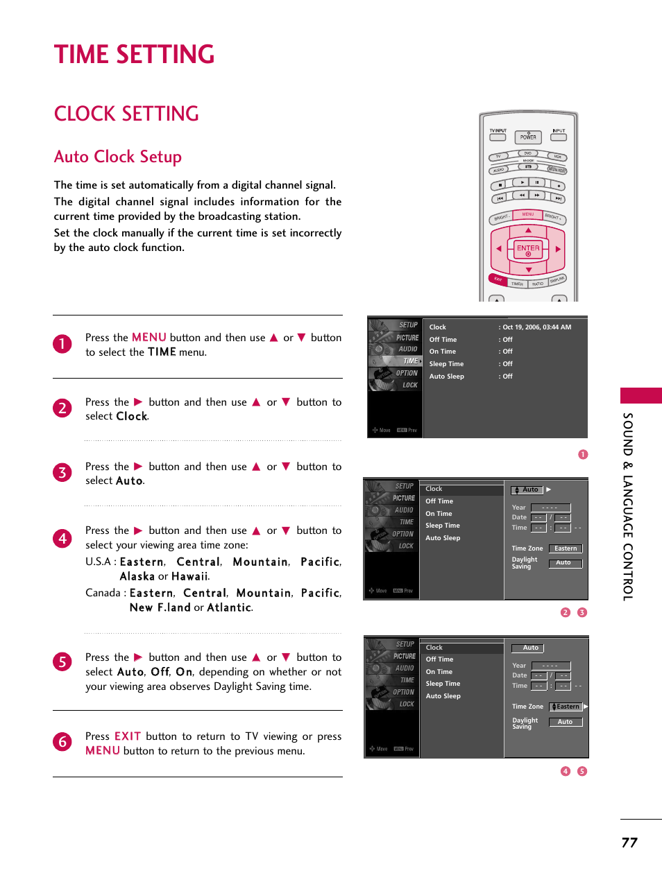 Time setting, Clock setting, Auto clock setup | Sound & langu a ge contr ol, Button to select the t tiim mee menu. press the, Button and then use, Button to select c cllo occkk. press the, Button to select a auutto o. press the | LG 60PY3DF-UJ User Manual | Page 79 / 122