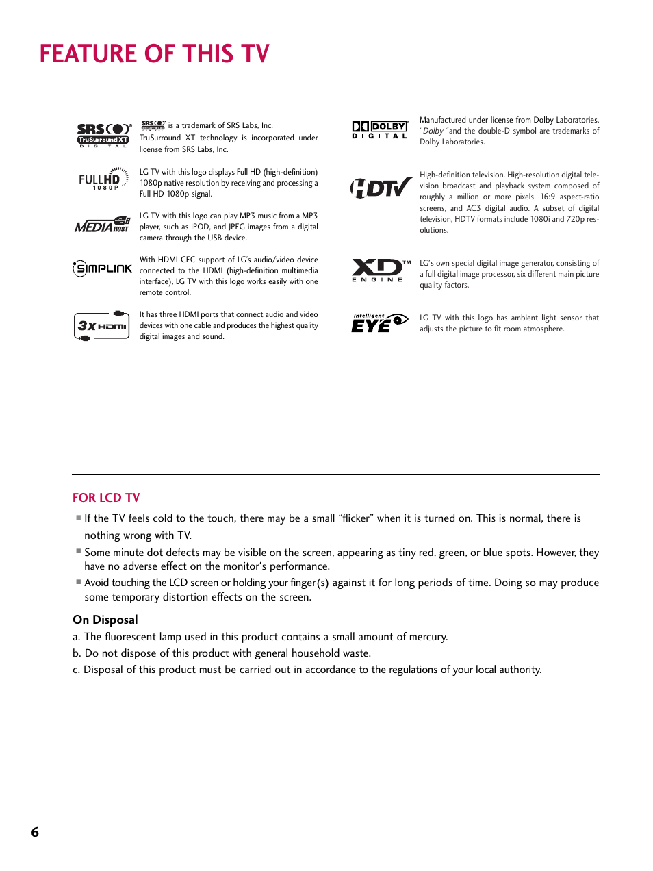 Feature of this tv, For lcd tv, On disposal | LG 60PY3DF-UJ User Manual | Page 8 / 122