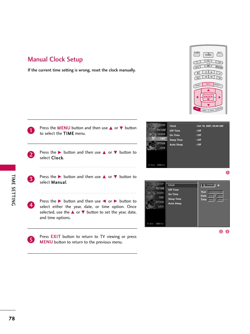 Manual clock setup, Time setting, Button to select the t tiim mee menu. press the | Button and then use, Button to select c cllo occkk. press the, Button to select m maannuuaall. press the | LG 60PY3DF-UJ User Manual | Page 80 / 122