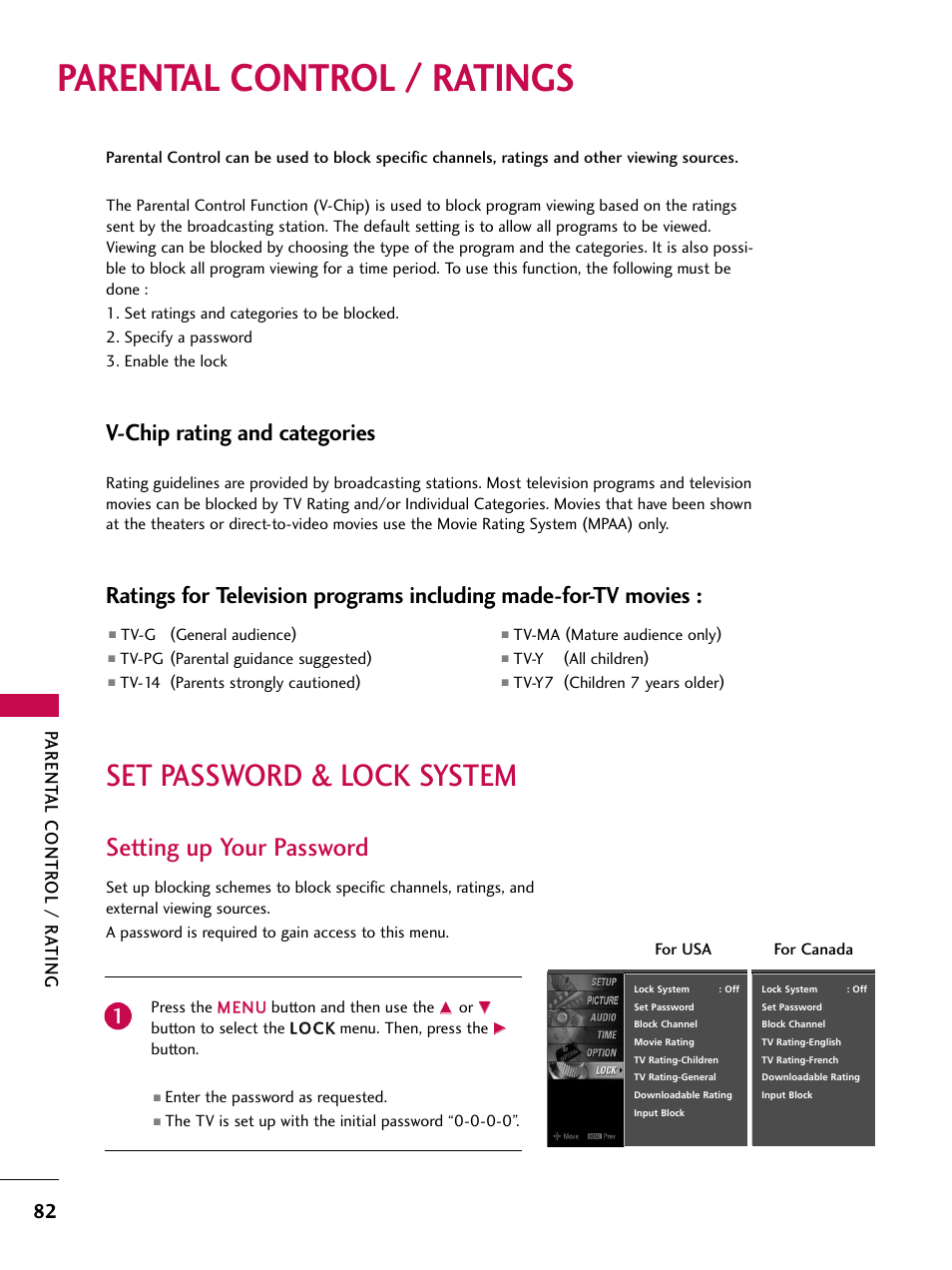 Parental control / ratings, Set password & lock system, Setting up your password | V-chip rating and categories, Parent al contr ol / r ating | LG 60PY3DF-UJ User Manual | Page 84 / 122
