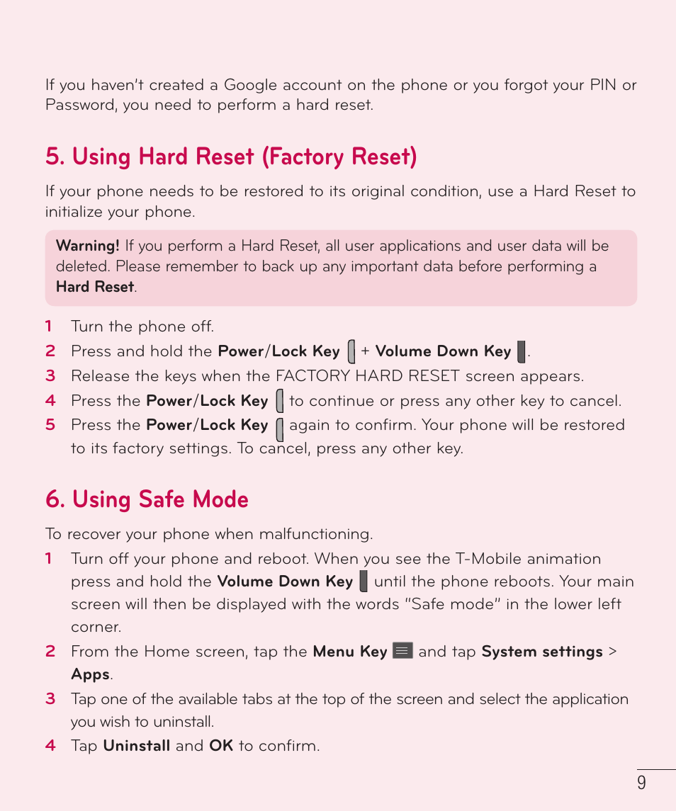 Using hard reset (factory reset), Using safe mode | LG D500 User Manual | Page 10 / 134