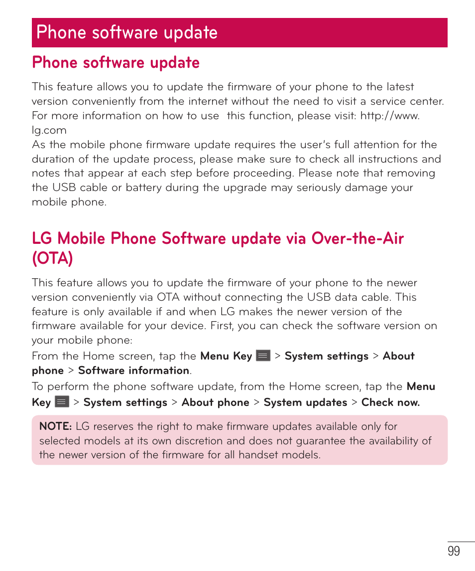 Phone software update | LG D500 User Manual | Page 100 / 134
