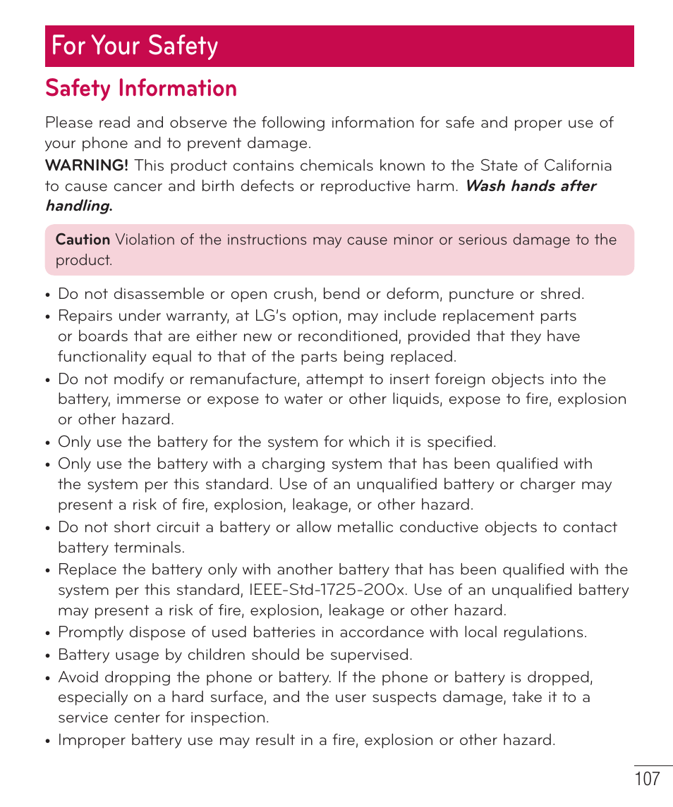 For your safety, Safety information | LG D500 User Manual | Page 108 / 134