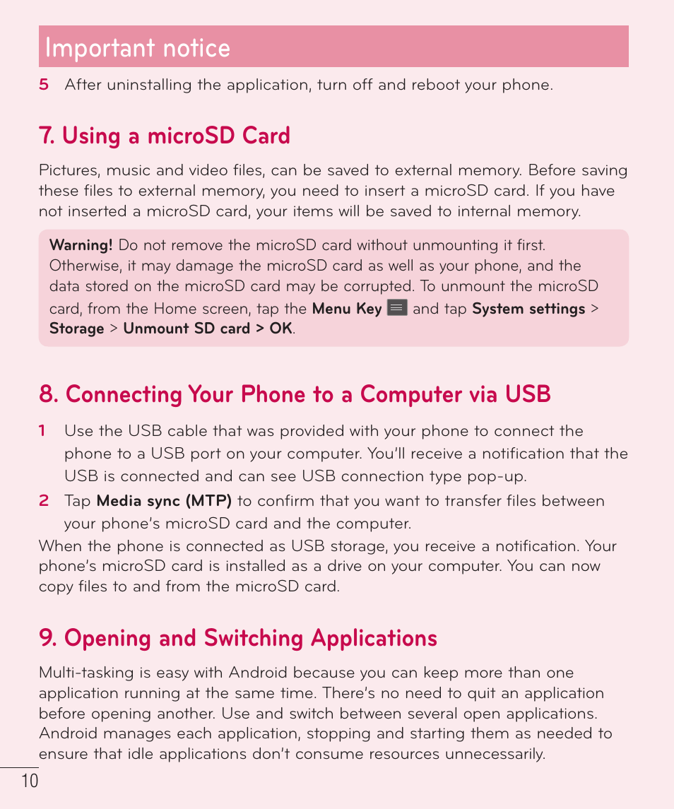 Important notice, Using a microsd card, Connecting your phone to a computer via usb | Opening and switching applications | LG D500 User Manual | Page 11 / 134