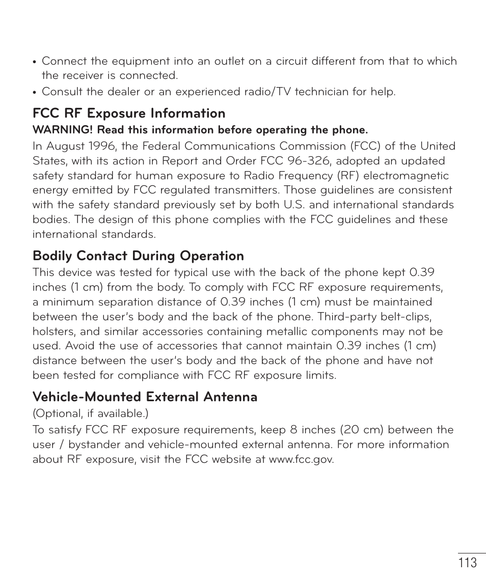 Fcc rf exposure information, Bodily contact during operation, Vehicle-mounted external antenna | LG D500 User Manual | Page 114 / 134