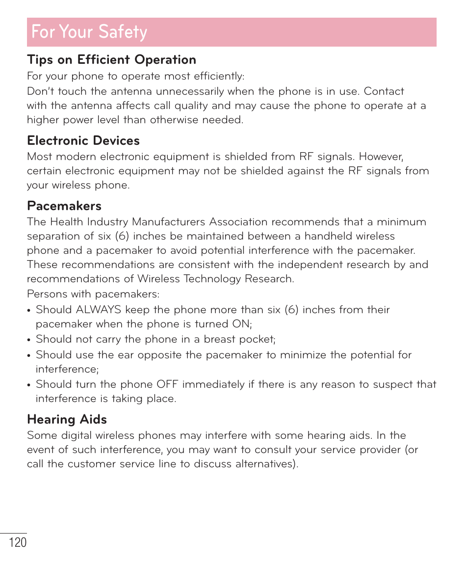 For your safety, Tips on efficient operation, Electronic devices | Pacemakers, Hearing aids | LG D500 User Manual | Page 121 / 134