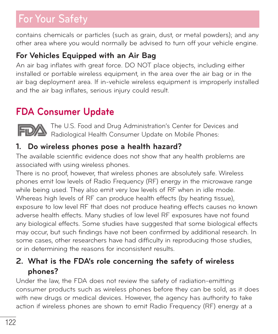 For your safety, Fda consumer update | LG D500 User Manual | Page 123 / 134