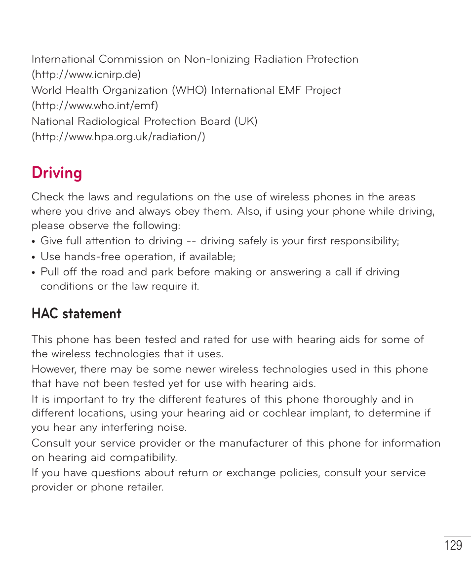Driving, Hac statement | LG D500 User Manual | Page 130 / 134
