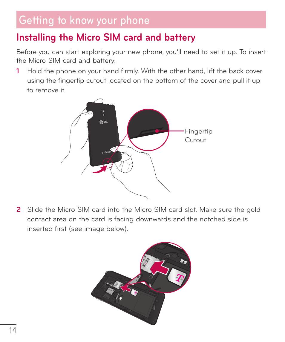 Installing the micro sim card and battery, Getting to know your phone | LG D500 User Manual | Page 15 / 134