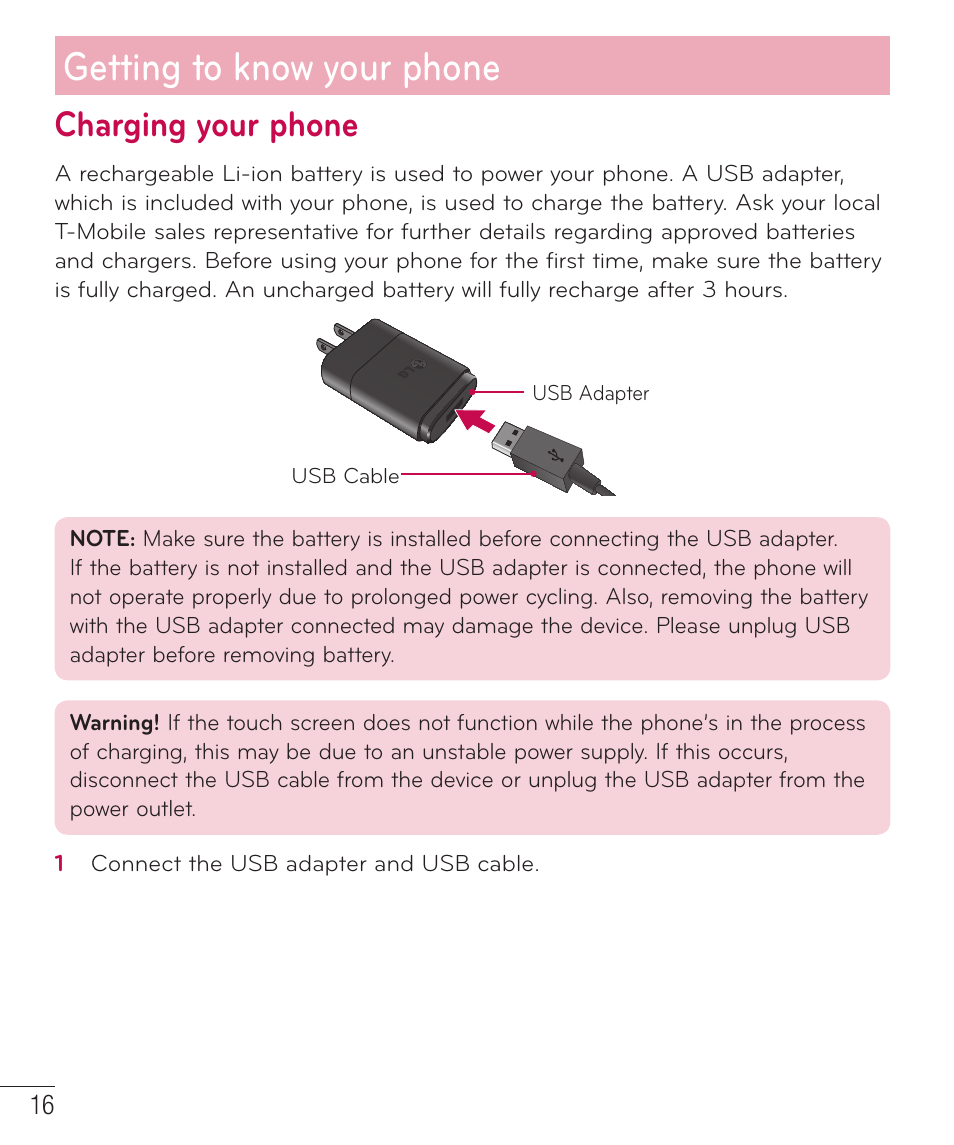 Charging your phone, Getting to know your phone | LG D500 User Manual | Page 17 / 134