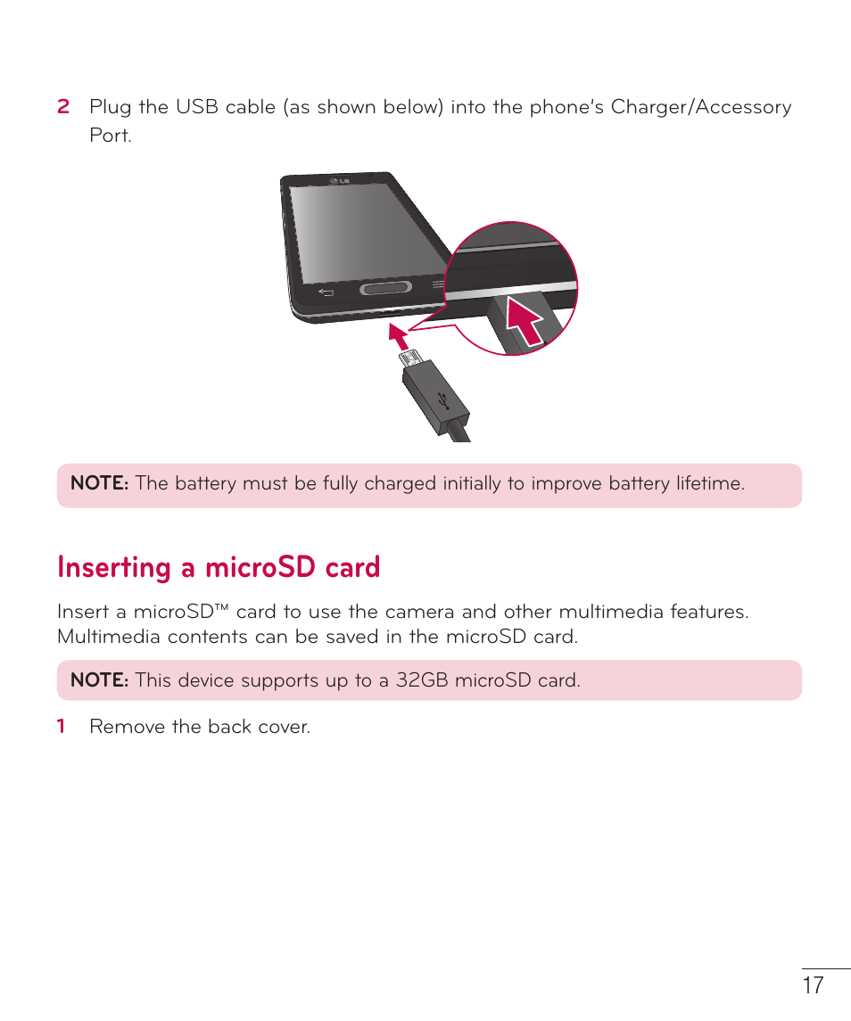 Inserting a microsd card | LG D500 User Manual | Page 18 / 134