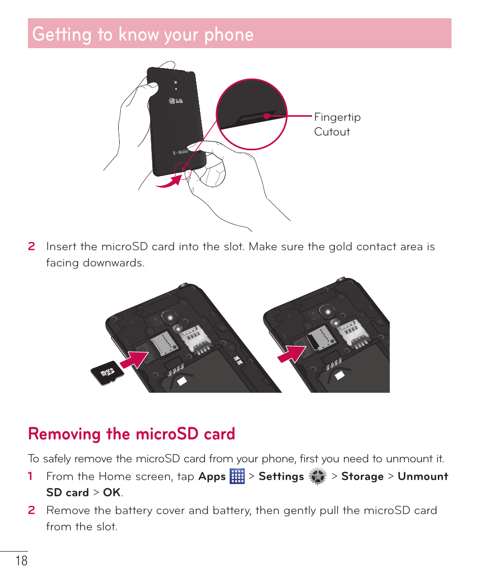 Removing the microsd card, Getting to know your phone | LG D500 User Manual | Page 19 / 134