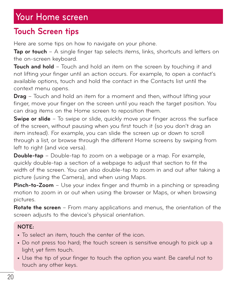 Your home screen, Touch screen tips | LG D500 User Manual | Page 21 / 134