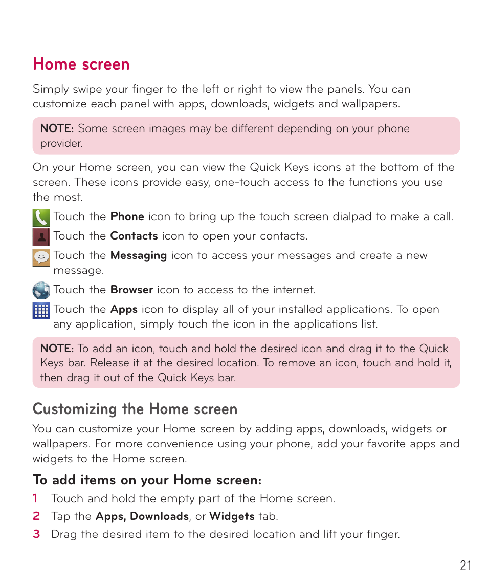 Home screen, Customizing the home screen | LG D500 User Manual | Page 22 / 134