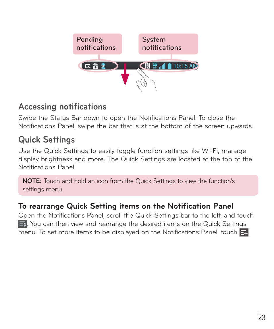 Accessing notifications, Quick settings | LG D500 User Manual | Page 24 / 134