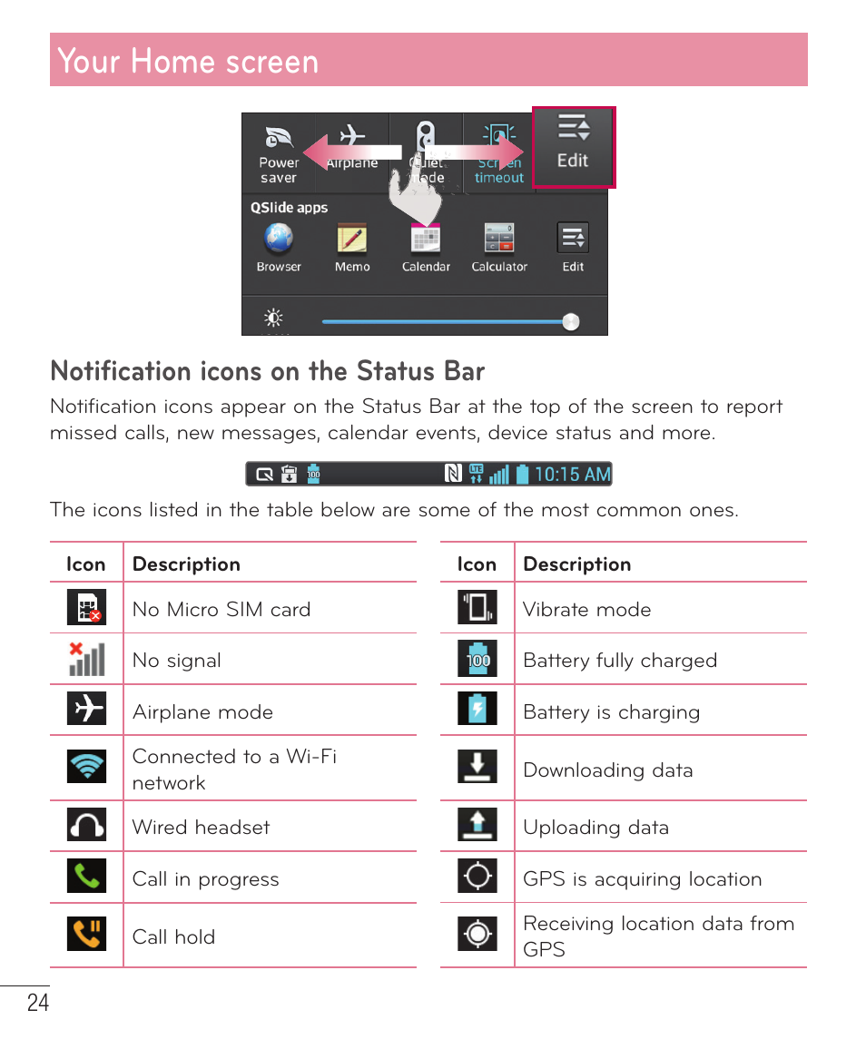 Your home screen, Notification icons on the status bar | LG D500 User Manual | Page 25 / 134