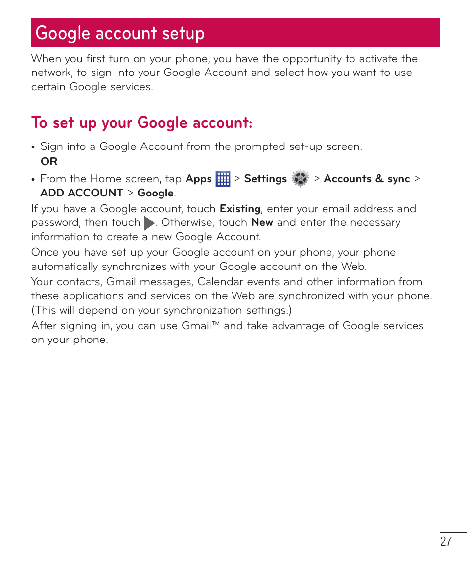 Google account setup, To set up your google account | LG D500 User Manual | Page 28 / 134