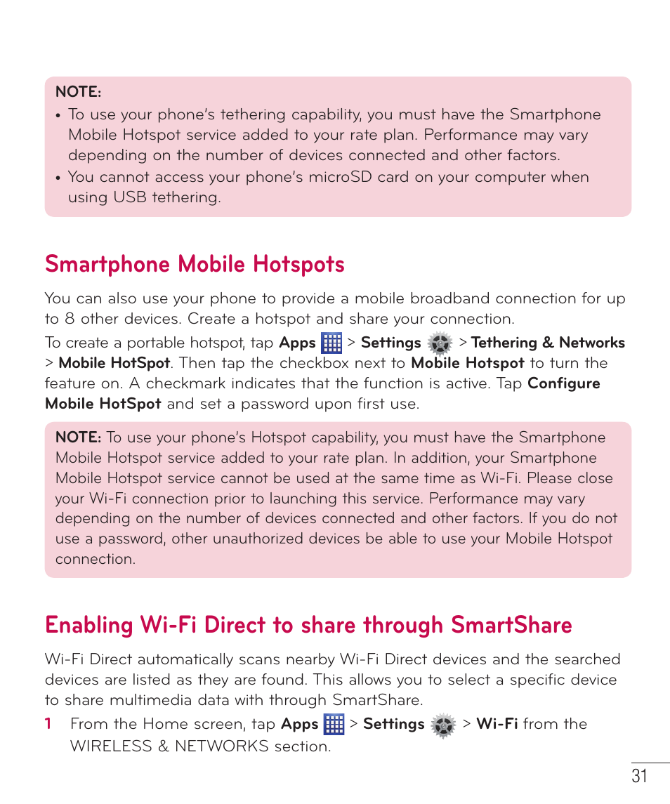 Smartphone mobile hotspots, Enabling wi-fi direct to share through smartshare | LG D500 User Manual | Page 32 / 134