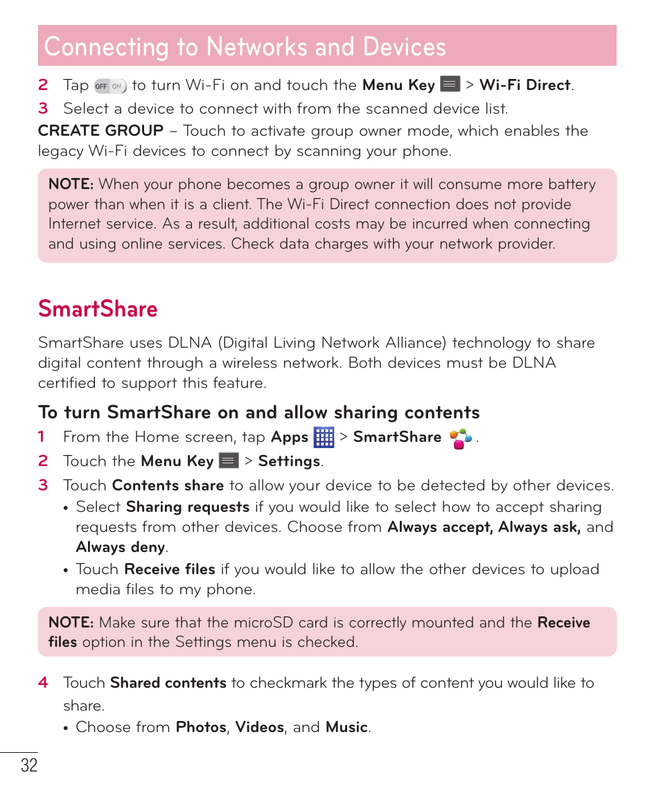 Smartshare, Connecting to networks and devices | LG D500 User Manual | Page 33 / 134