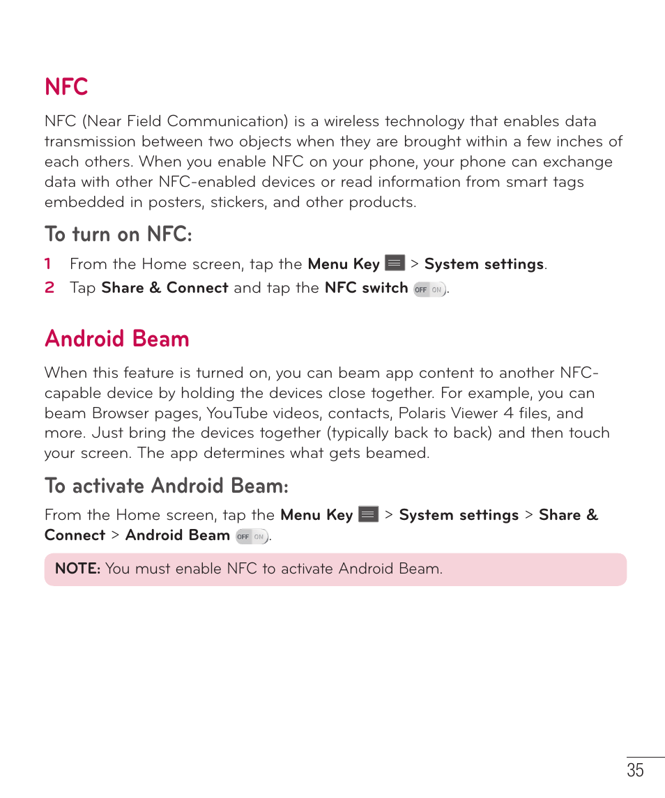 Android beam | LG D500 User Manual | Page 36 / 134