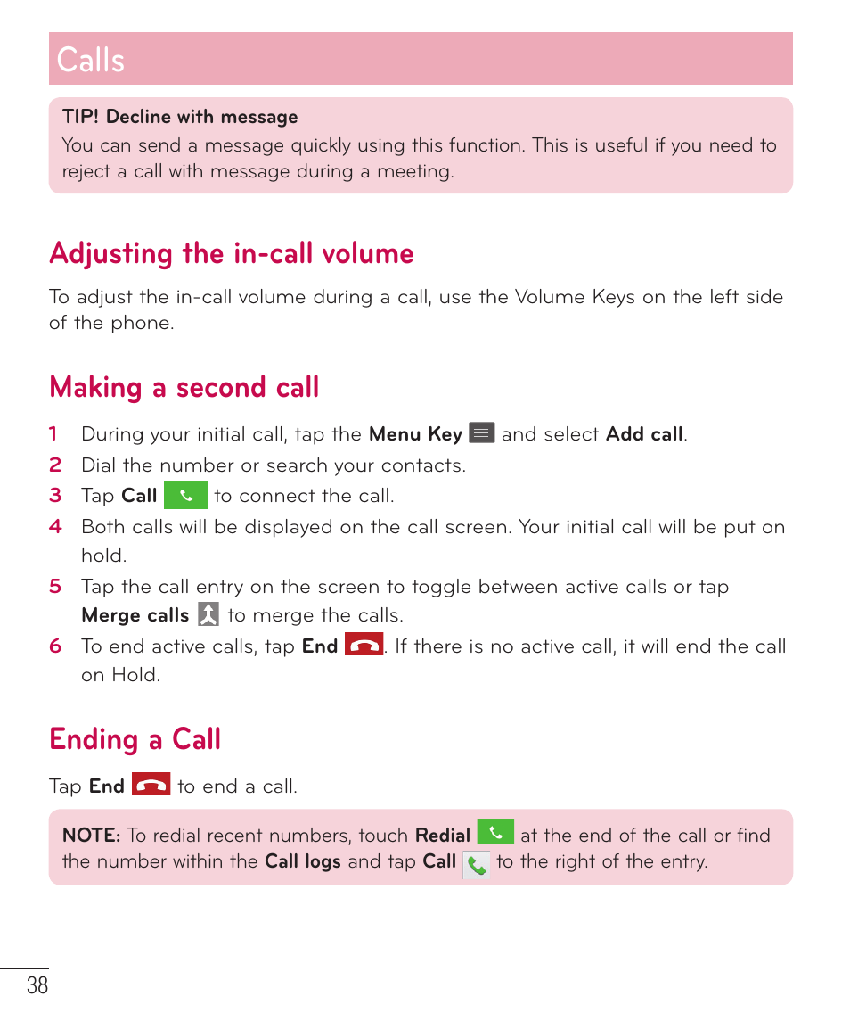 Adjusting the in-call volume, Making a second call, Ending a call | Calls | LG D500 User Manual | Page 39 / 134