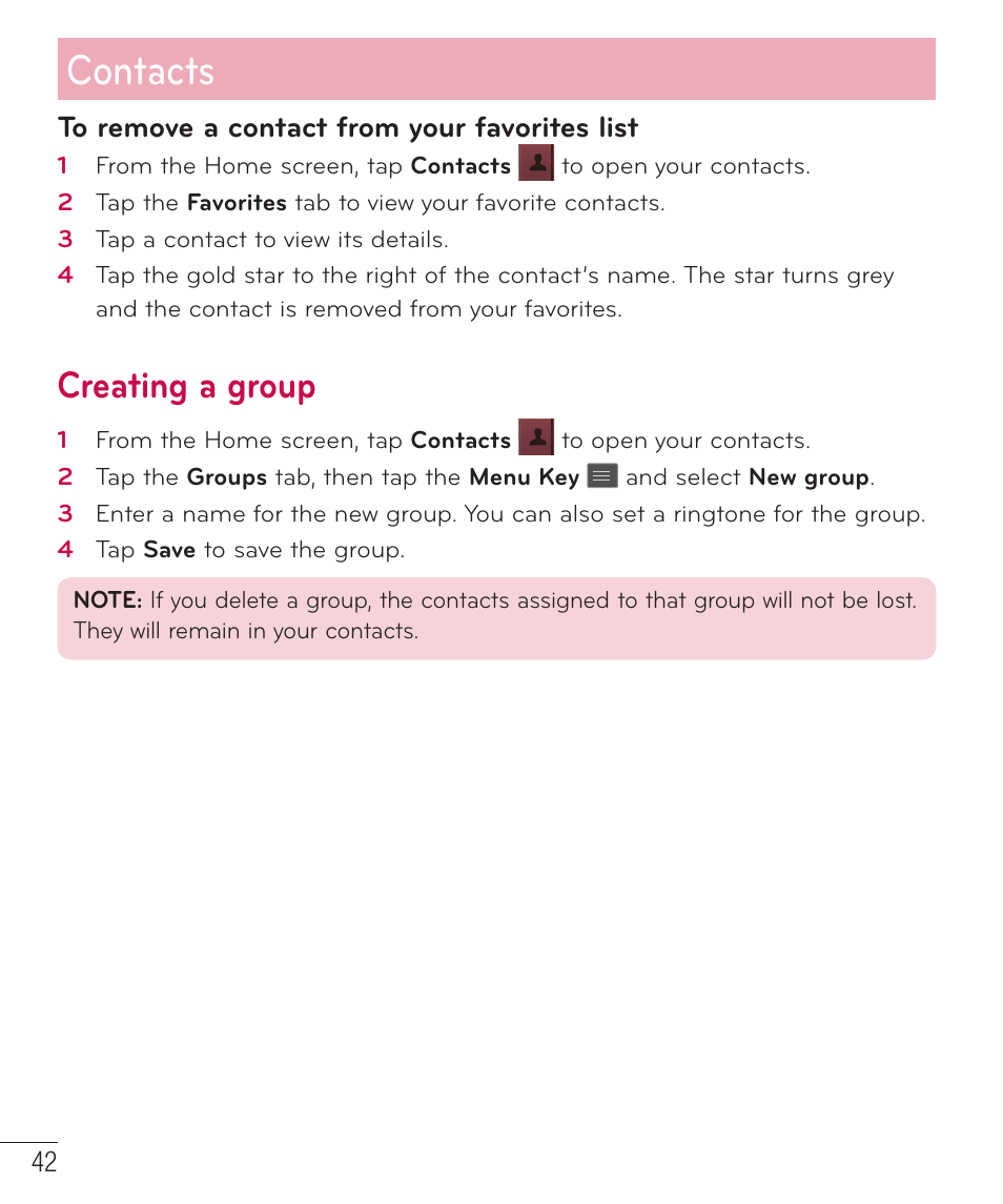 Creating a group, Contacts | LG D500 User Manual | Page 43 / 134