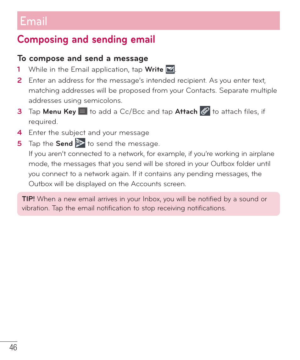 Composing and sending email, Email | LG D500 User Manual | Page 47 / 134