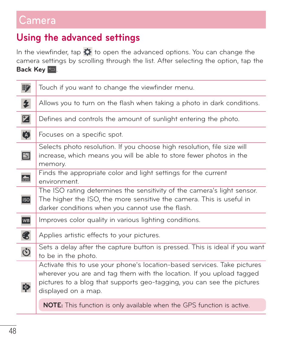 Using the advanced settings, Camera | LG D500 User Manual | Page 49 / 134