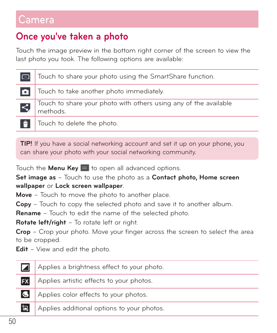 Once you've taken a photo, Camera | LG D500 User Manual | Page 51 / 134