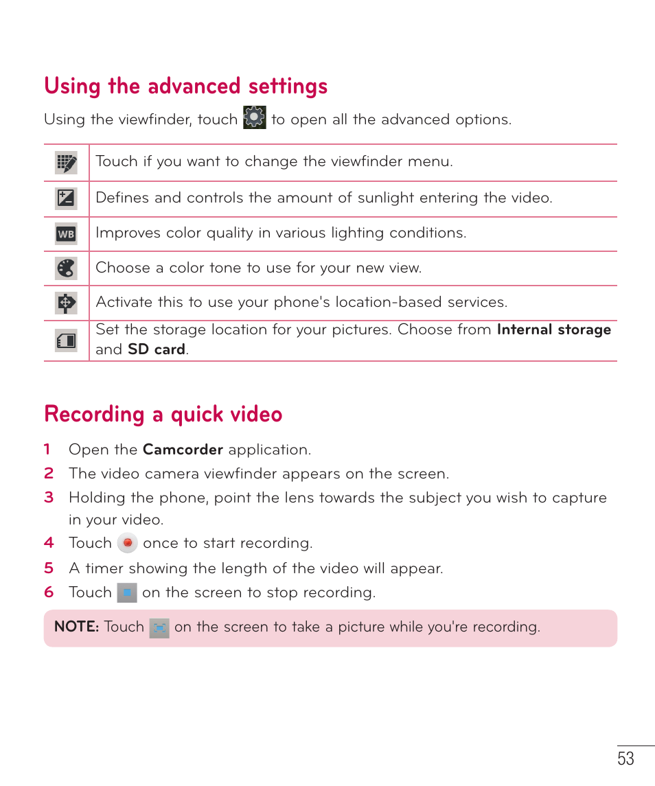 Using the advanced settings, Recording a quick video | LG D500 User Manual | Page 54 / 134