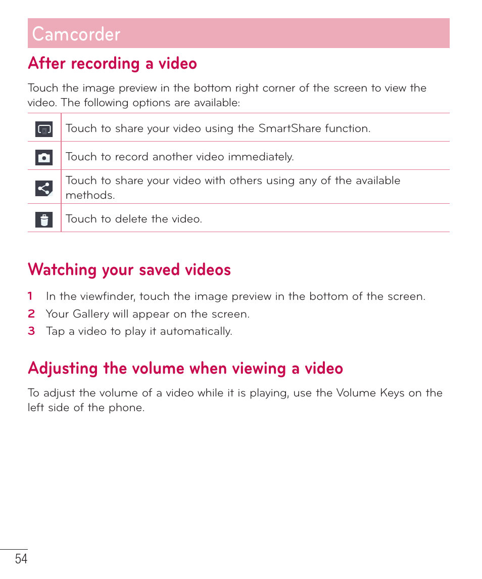 After recording a video, Watching your saved videos, Adjusting the volume when viewing a video | Camcorder | LG D500 User Manual | Page 55 / 134