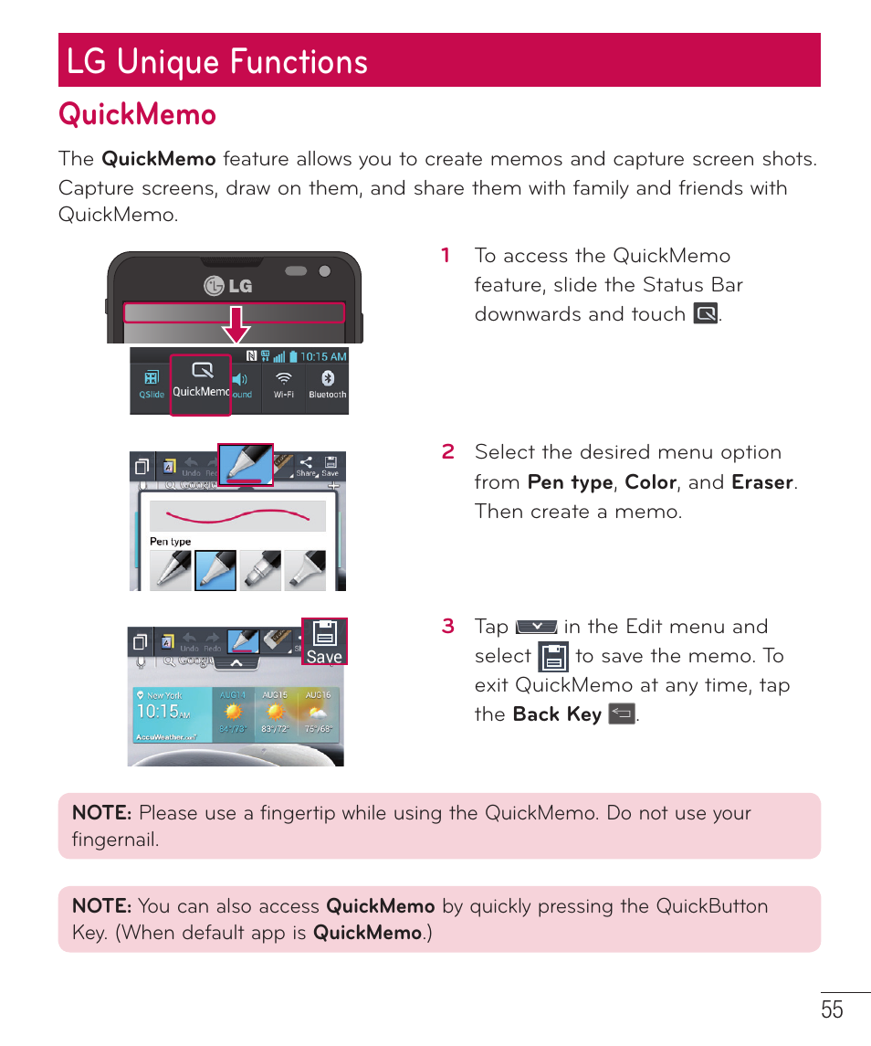 Lg unique functions, Quickmemo | LG D500 User Manual | Page 56 / 134