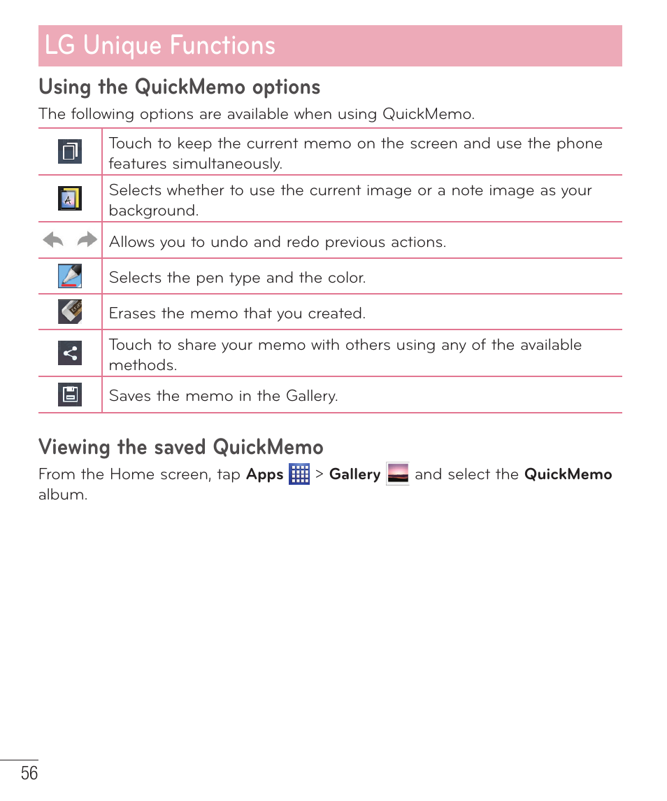 Lg unique functions | LG D500 User Manual | Page 57 / 134