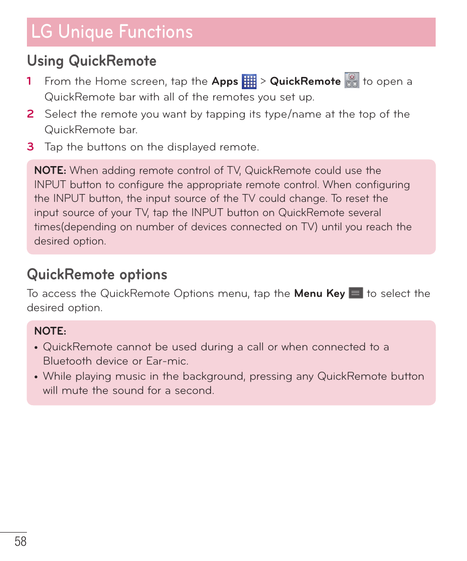 Lg unique functions, Using quickremote, Quickremote options | LG D500 User Manual | Page 59 / 134