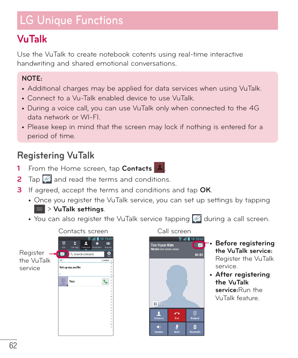 Vutalk, Lg unique functions, Registering vutalk | LG D500 User Manual | Page 63 / 134
