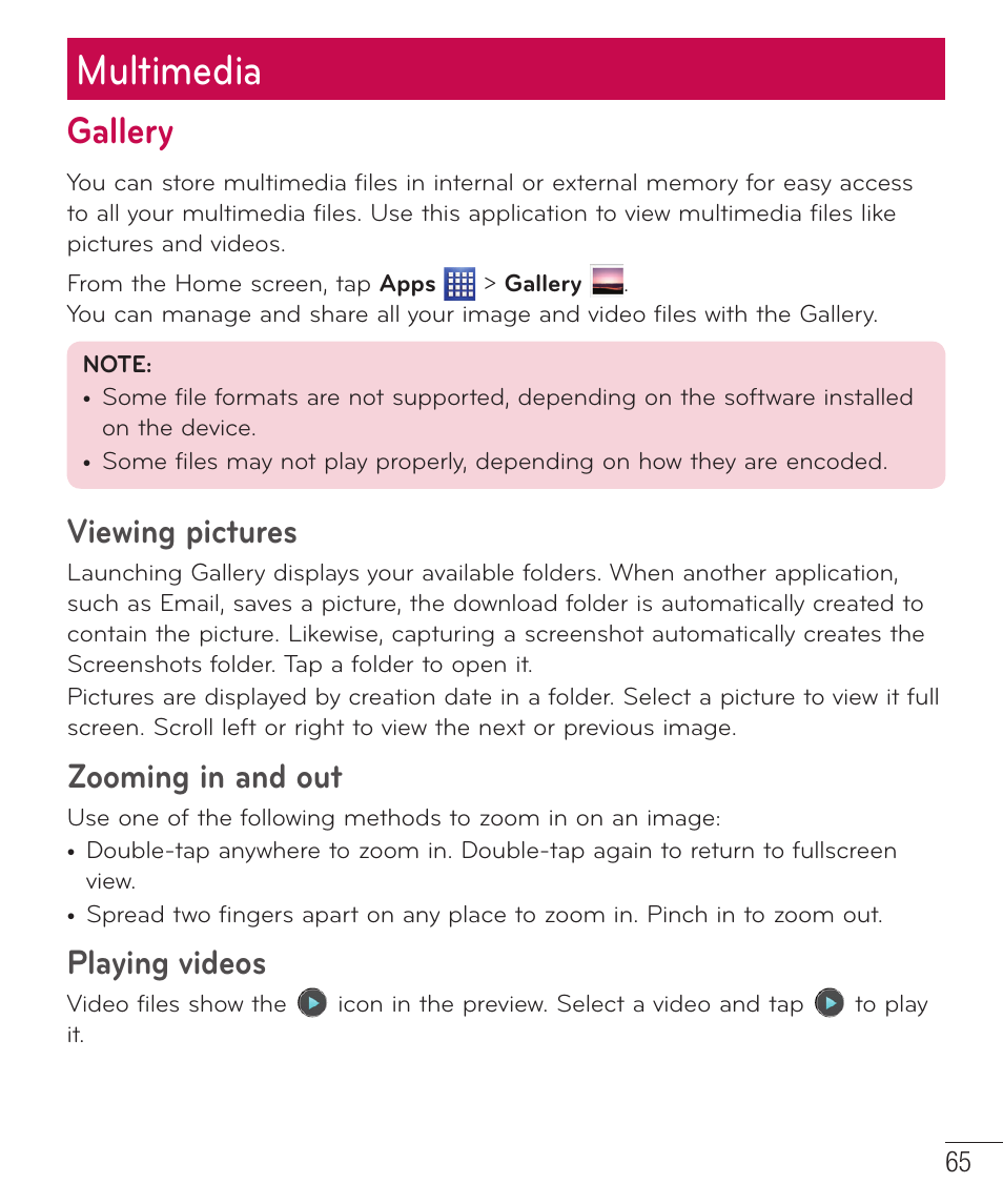Multimedia, Gallery, Viewing pictures | Zooming in and out, Playing videos | LG D500 User Manual | Page 66 / 134