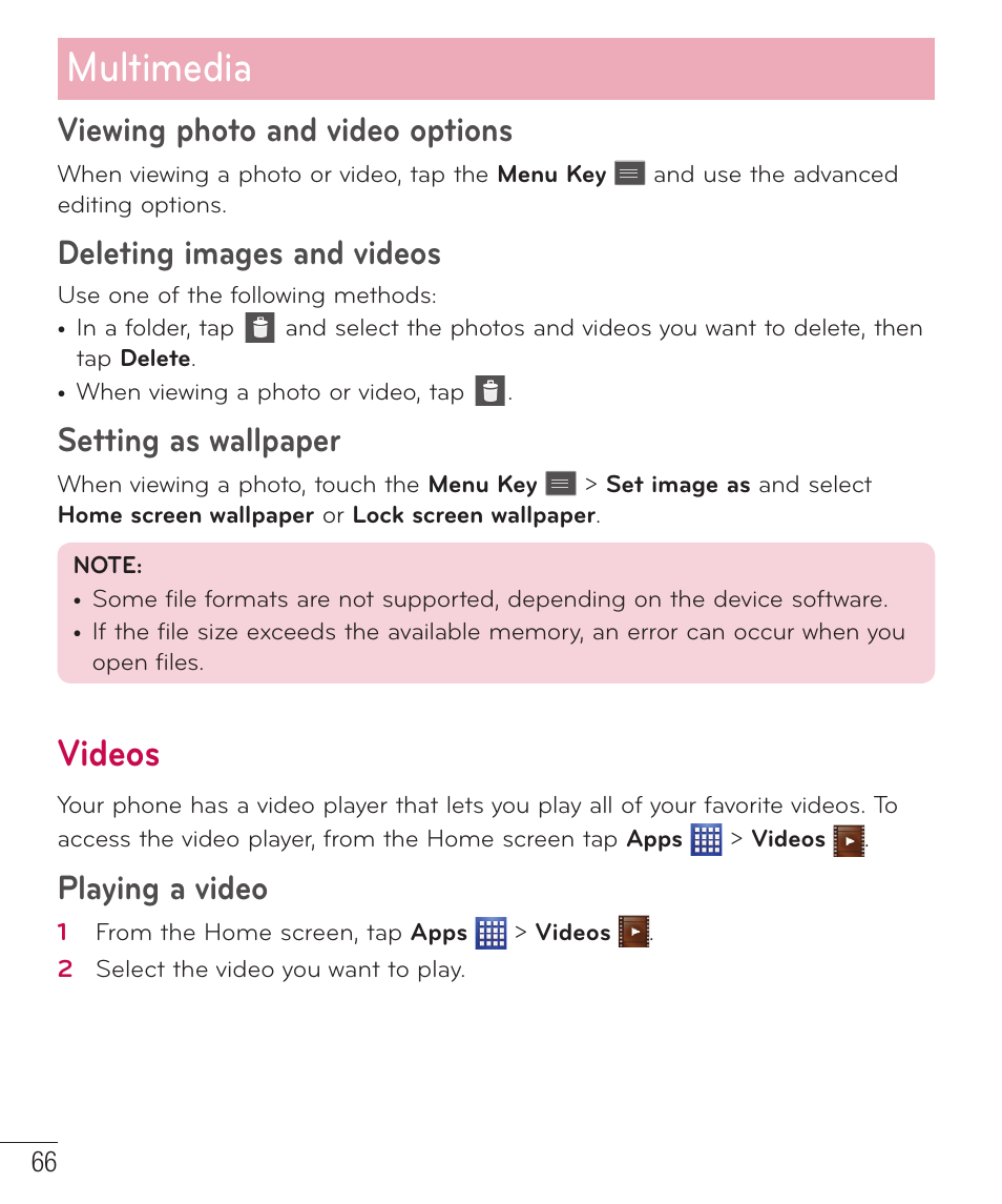 Videos, Multimedia, Viewing photo and video options | Deleting images and videos, Setting as wallpaper, Playing a video | LG D500 User Manual | Page 67 / 134